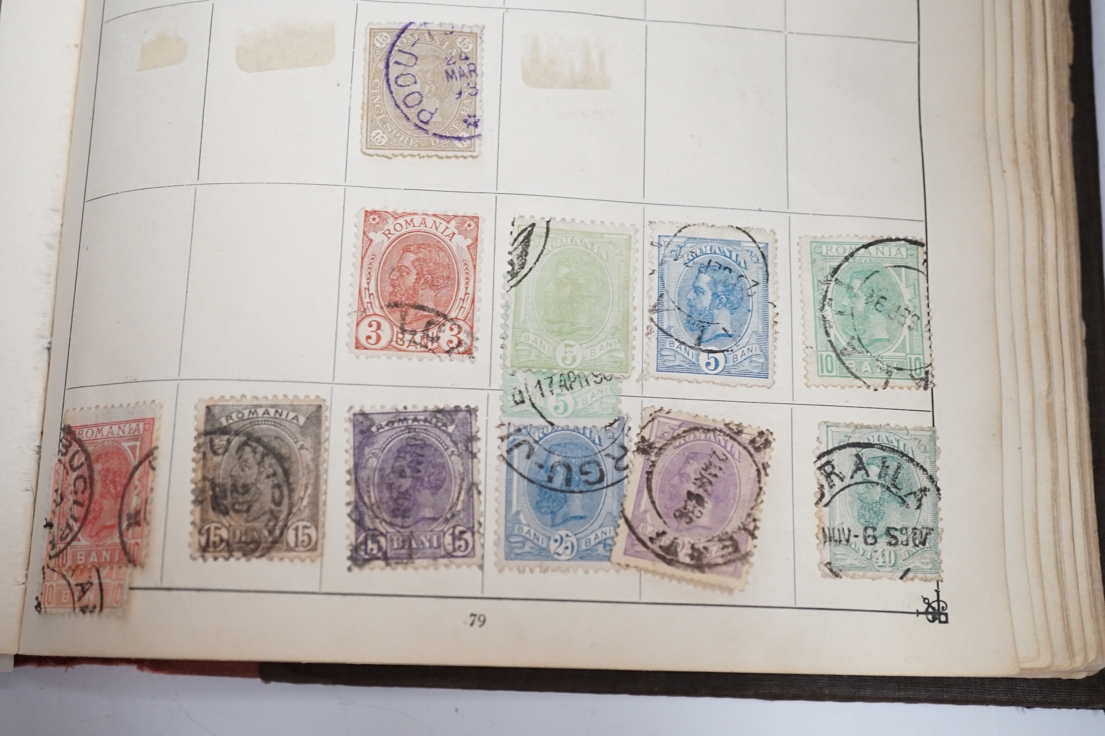 An old time collection of stamps in two albums, on leaves and loose with mint and used British Empire, USA, etc.